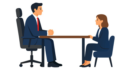 Obraz premium Power Imbalance in Corporate Meeting: Businessman on Elevated Chair Dominates Conversation with Seated Businesswoman at Table