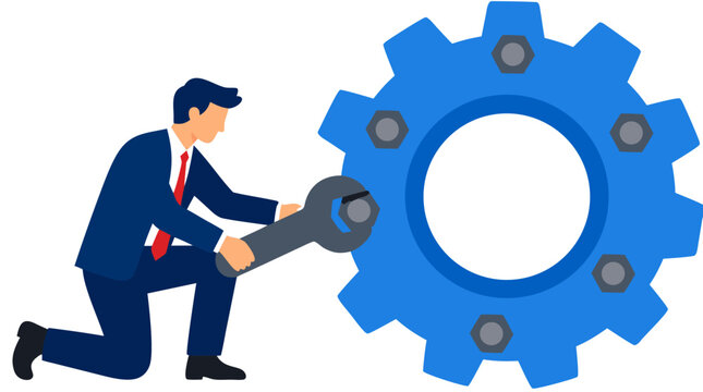 Businessman kneeling beside giant blue gear, tightening bolt with wrench to optimize business process and workflow efficiency
