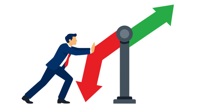 Businessman pushing directional arrow sign from red downward to green upward, business growth and positive change concept illustration
