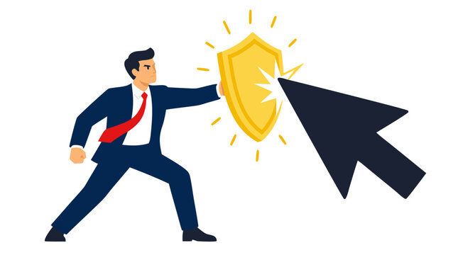 Confident businessman in navy suit raising glowing golden shield to block giant black computer mouse cursor, digital protection and cybersecurity defense concept, flat vector illustration
