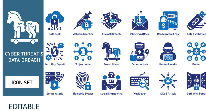 Cyber Threat And Data Breach Icon Set Flat Vector Illustrations On Blue Background cybersecurity