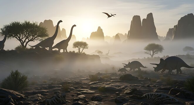 Prehistoric landscape with dinosaurs roaming in a misty sunrise scenery.