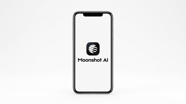 Moonshot AI company logo on smartphone screen mockup, Chinese artificial intelligence developer of Kimi K3 chatbot assistant, advanced large language models technology based in Beijing China.