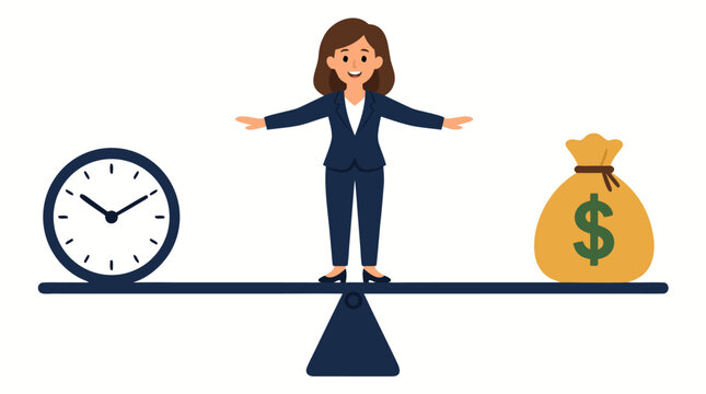 Businesswoman balancing time and money on a seesaw, representing work-life balance, financial management, corporate strategy, productivity, and success in a professional vector illustration design.