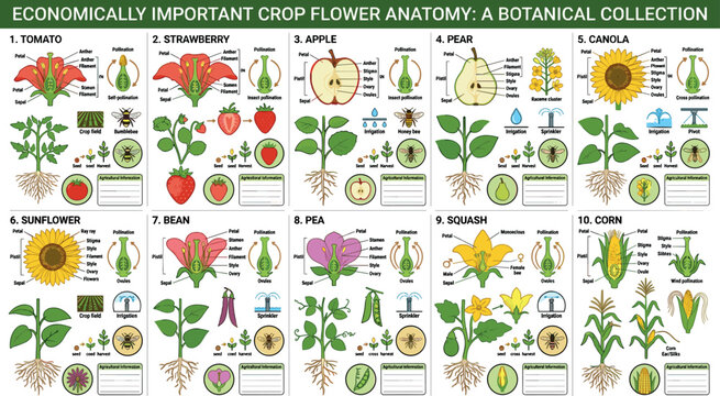 Economically important crop flower anatomy vector infographic chart featuring agricultural plant structures pollination diagrams and botanical education elements