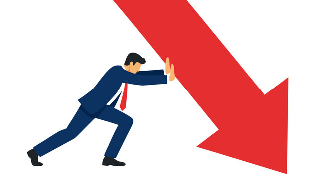Determined businessman in navy suit pushing against massive red downward arrow, resisting market decline and financial crisis with bold flat vector illustration style