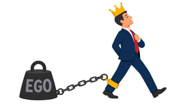 Ambitious businessman in gold crown dragging heavy ego weight behind him, metaphor for pride and arrogance holding back success and progress