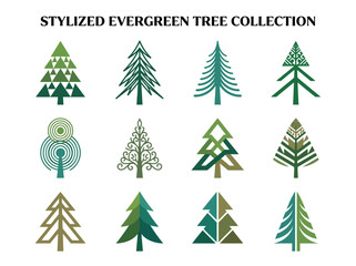 Obraz premium Stylized evergreen tree collection: diverse vector symbols with geometric and abstract conifer designs for nature-themed graphics.