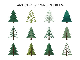 Obraz premium Creative vector set of evergreen trees, diverse artistic illustrations suitable for forest landscapes, nature designs, and seasonal decor.