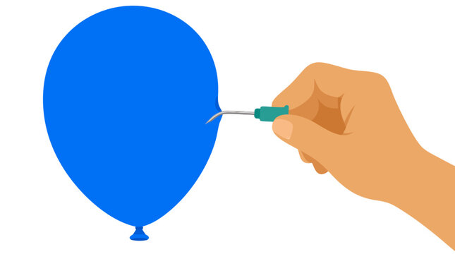 Resilient blue balloon bends needle instead of popping, bold flat illustration of strength and durability against pressure and adversity