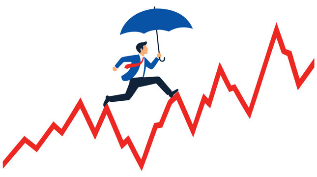 Businessman with umbrella running along volatile red stock market graph line, navigating financial risk and market volatility with protection and determination