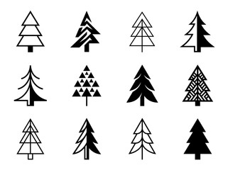 Fototapeta premium Diverse Collection of Minimalist Evergreen Tree Vector Icons on White Background, Perfect for Winter and Holiday Graphic Design Elements