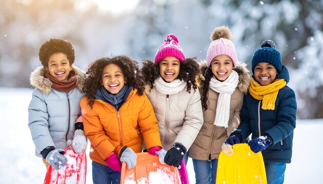 Group of happy children wearing winter clothing outdoors.