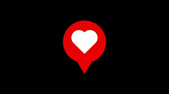 Animated map location pin with heart symbol for travel and dating concepts.