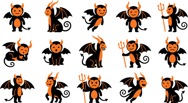 Set of cute cartoon devil characters with wings and horns in various poses and expressions isolated on white