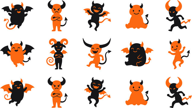 Set of cute cartoon devil characters in orange and black colors for halloween design projects