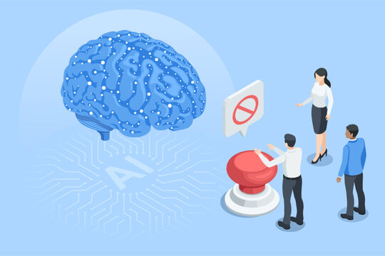 isometric vector brain and a microcircuit with the inscription AI and people near the emergency shutdown button, in color on a blue background, stop artificial intelligence