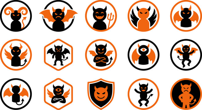 Set of various cute devil character icons and emblems for halloween design and creative graphic projects