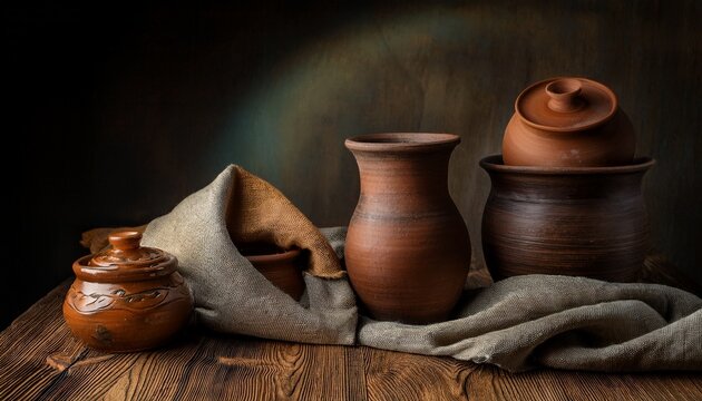 still life with pottery drapery and a rustic wooden surface