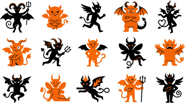 Set of various devil and demon character designs in black silhouettes and orange cartoon style illustrations