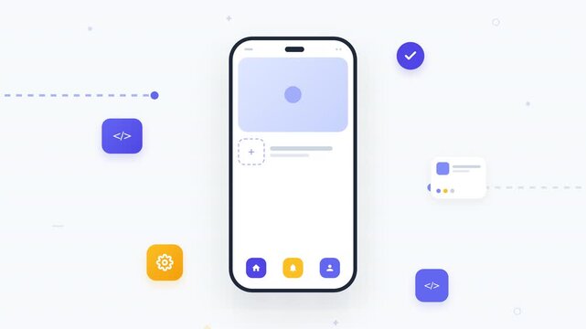 3D Mobile App Development and UI Building Concept with Floating Component Nodes