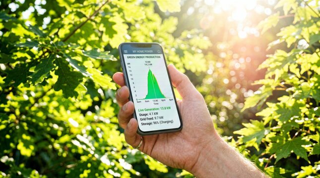 Hand holding smartphone showing green energy graph in sunny garden