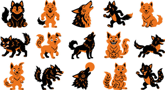 Set of cute cartoon wolves in various poses and expressions isolated on a white background