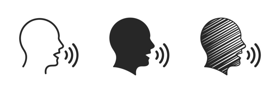 Speaking person icon set, voice command, audio communication symbols, talking human, line art, silhouette, doodle style, editable vector