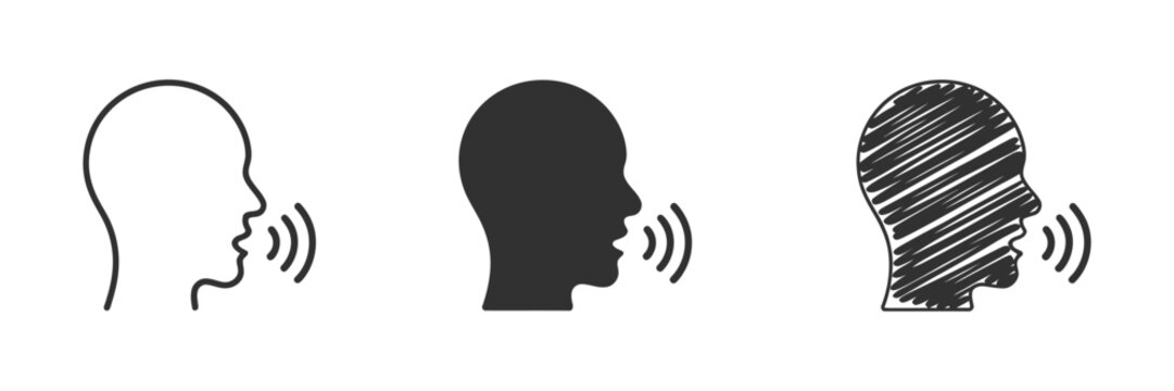 Speaking person icon set, voice command, audio communication symbols, talking human, line art, silhouette, doodle style, editable vector