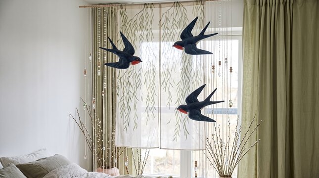 Decorative swallow bird ornaments hanging in front of a window.