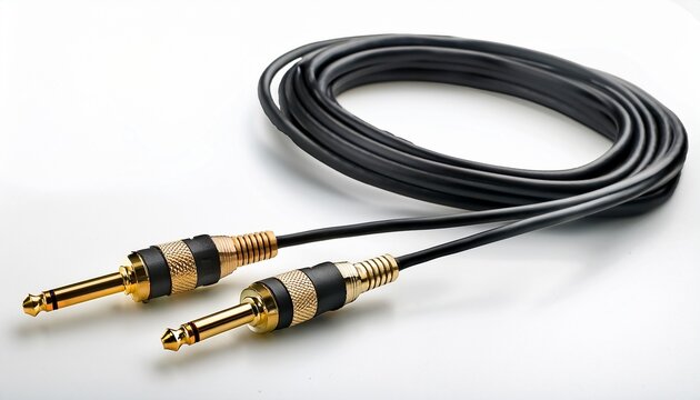 pair of audio rca plugs connected by a short cable on a white background