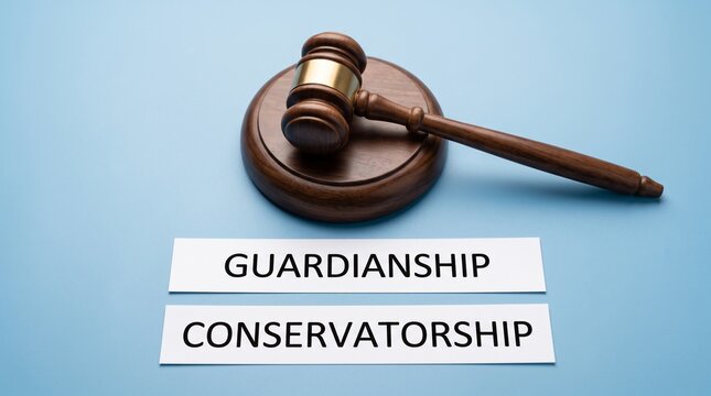 Guardianship and conservatorship legal concept, wooden judge gavel on blue background, law and justice system symbols for elder care and protection