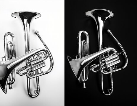 two black and white of a trumpet with detailed valves