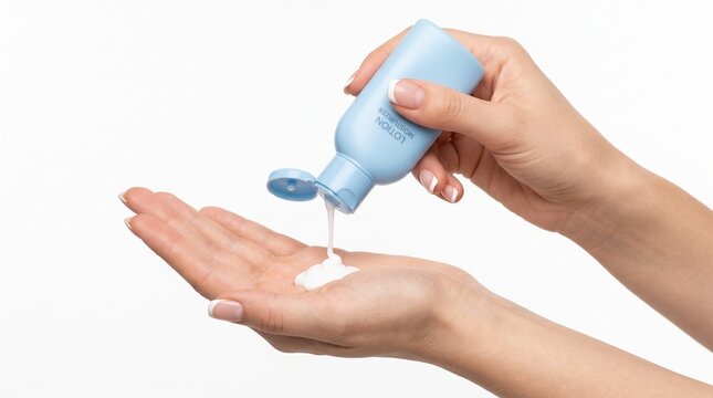 Moisturizing skin cream pouring into hand, blue cosmetic bottle with white lotion, skincare routine and beauty treatment on white background