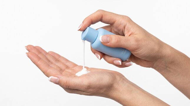 Moisturizing hand lotion pouring from blue bottle, female hands applying white cosmetic cream, skincare routine and body care treatment