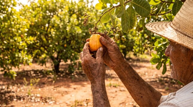 Farmer harvesting fresh cashew fruit in a sunny rural orchard