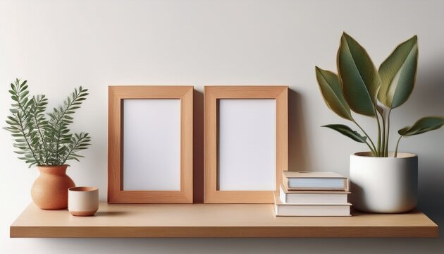 minimalistic home decor of interior with two brown wooden mock up photo frames on the white shelf with books beautiful plant in stylish pot and home accessories white generative ai