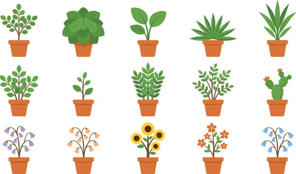 Potted plants and flowers vector set featuring terracotta clay pots with indoor house plants green shrubs sunflowers cactus and bellflowers isolated on white background