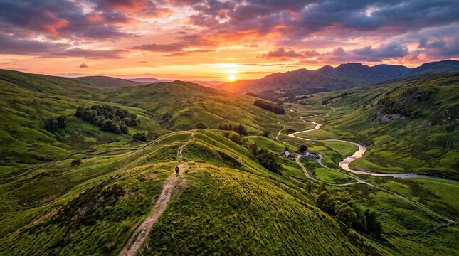 Dramatic sunset over lush green hills. Scenic landscape with vibrant sky and winding roads.