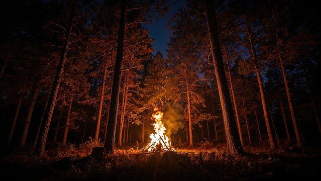 A campfire burning in the forest at night with tall trees surrounding it.