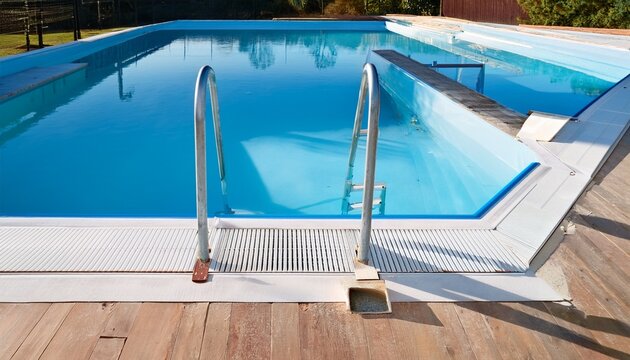 empty swimming pool under repair with white steps vinyl liner removed steel exposed