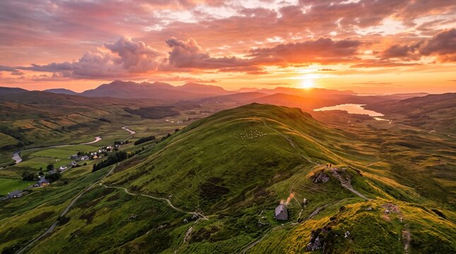 Dramatic sunset over lush green hilltop. Vibrant landscape scene with vivid sky and rolling terrain.
