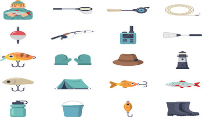 Outdoor Fishing and Camping Equipment Vector Icon Set Featuring Rod Lures Float Fish Tent Boots Hat and Catching Gear Symbols © MstTanzila