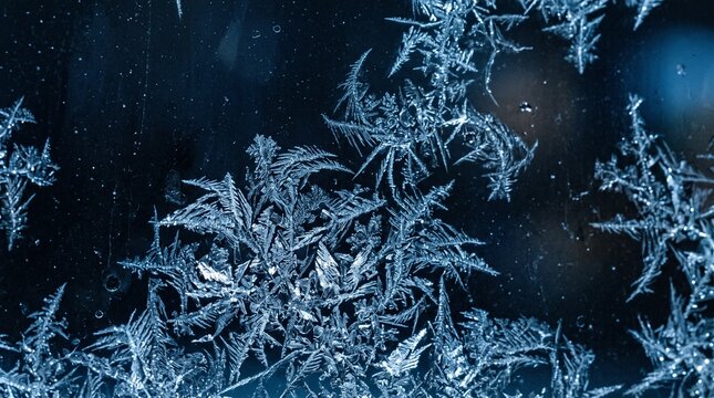 Close-up of intricate ice crystal frost patterns on window. Macro shot of frozen water formations in cold weather, detailed natural frost textures.