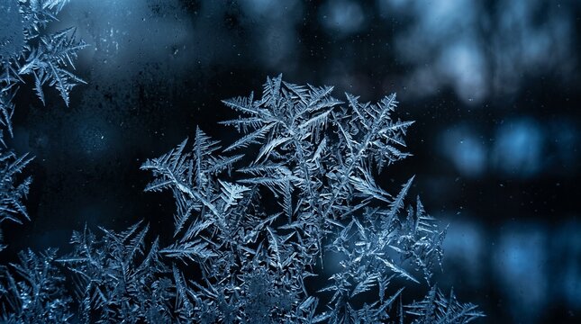 Close-up of intricate ice crystals on a frosted window. Macro shot of frost patterns in winter weather, showcasing delicate frozen water structures...