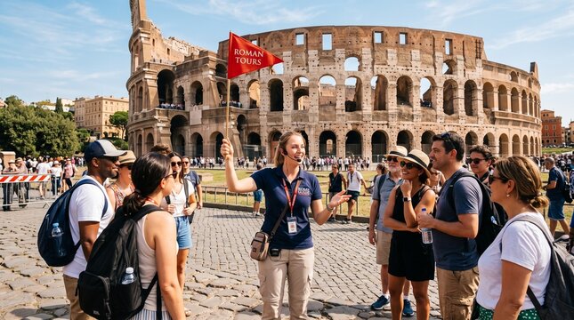 Tour guide with Roman Tours flag leads group at the Colosseum in Rome