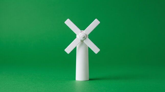 White windmill toy model standing on solid green studio background