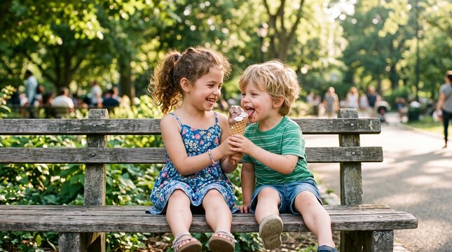Joyful siblings sharing an ice cream cone on a park bench on a sunny day