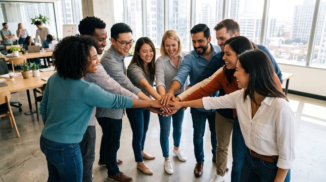 Diverse team of professionals joining hands in office celebrating unity and teamwork