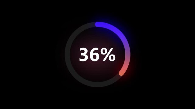 Neon gradient circular loading progress bar animation from 0 to 50 percentage with counter on black background circle